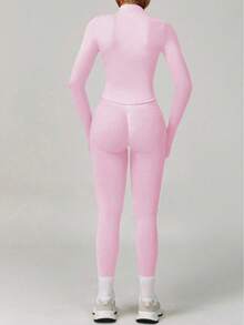 Yefecy Women's Street Style Fitness Set, Zip-Up Jacket Paired With Butt-Lifting Leggings, Fashionable Pieces Suitable For Gym To Street Pink - Pink - View 3