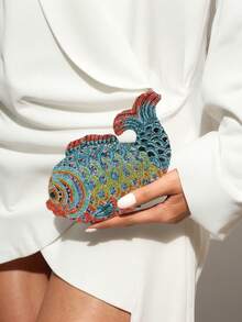 Women Mini Fish Evening Clutch Rhinestone Purse Sparkling Handbag For Wedding Party Banquet - Blue Multicolor - View 4