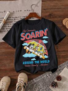 Disney Soarin Around The World Mickey Mouse Epcot Adventure Glider Printed Pattern T-Shirts For Girls - Children's Clothing Design Short-Sleeved Casual And Cute Style Comfortable And Casual Wear All Year Round Suitable For Parties And Play Machine Washable Gift Children's Clothing Girls' Short-Sleeved Shirts - 黑色 - 查看 2