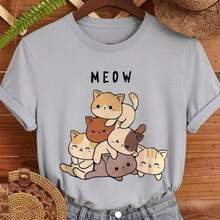 Women's Premium Cotton T-Shirt, Adult Plus Size, Children's Streetwear, Mewo Various Cats, Cute, Over Fashion, Casual Style - 淺灰色 - 查看 1