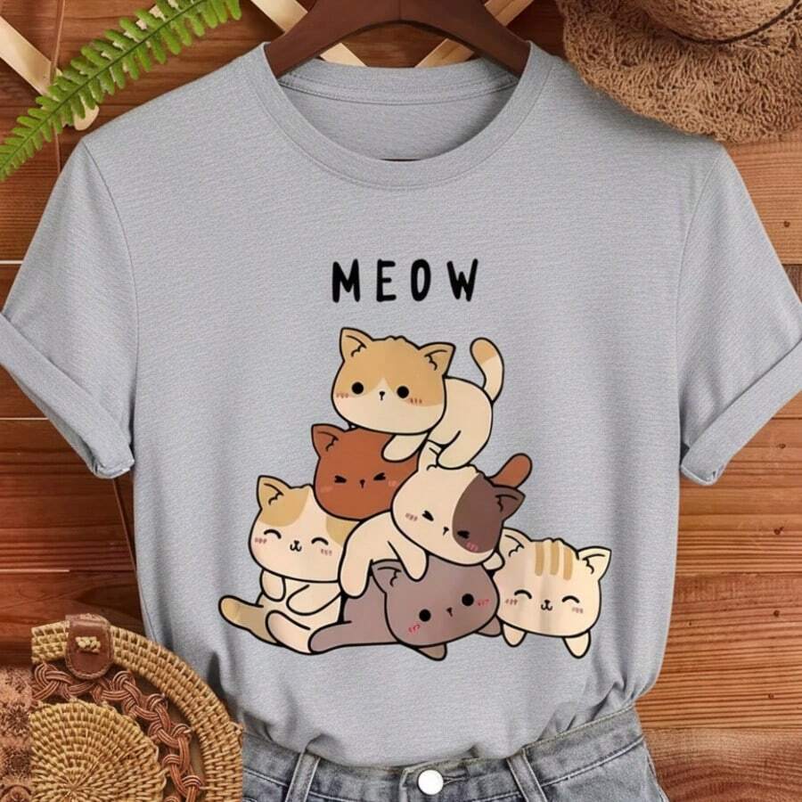 Women's Premium Cotton T-Shirt, Adult Plus Size, Children's Streetwear, Mewo Various Cats, Cute, Over Fashion, Casual Style - 淺灰色 - 查看 1