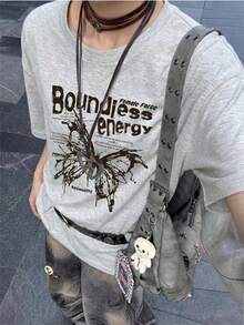 2026 Summer New Women Round Neck Casual Loose Butterfly & Letter Print Streetwear Lightweight Graphic Short Sleeve T-Shirt, 1pc - Light Gray - View 2