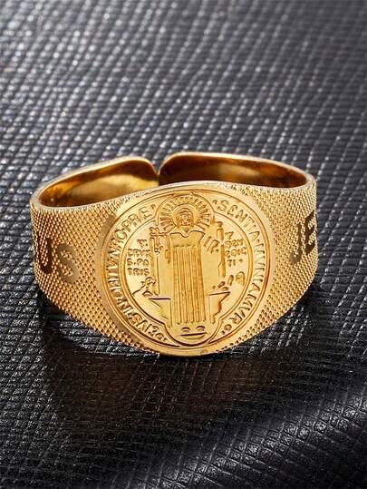 1 Peça Novo Anel Aberto Largo Cristão de Luxo e Moda Simples, Gravado com o Retrato de Jesus, Acessório de Anel de Aço Inoxidável de Alta Qualidade para Homens, Tamanho Ajustável, Adequado para Uso Diário e Presente