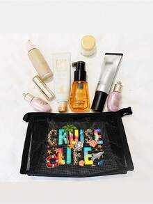 Large Capacity Mesh Bag Set, Featuring Colorful "Cruise Life" Lettering, Leopard Print Accents, Cute Beach Scenes, Dolphin And Seashell Patterns With Wavy Texture, Mesh Beach Tote Bag, Mesh Makeup Organizer Bag, Foldable Large Capacity Beach Bag Waterproof And Sandproof, Letter Decorated Mesh Beach Tote, Suitable For Commuting, Shopping, Vacation And Daily Casual Use, Perfect Gift For Friends - Multicolor - View 7