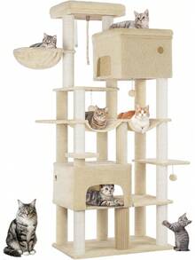 Arbre à chat Hzuaneri 200 large, griffoir avec 2 lits et 10 sisal, durable pour grands chats Maine, comprend 2 hamacs, gris clair MS20018LG - Beige - Voir 1