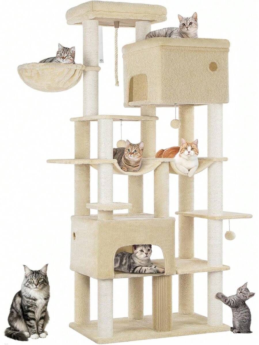 Arbre à chat Hzuaneri 200 large, griffoir avec 2 lits et 10 sisal, durable pour grands chats Maine, comprend 2 hamacs, gris clair MS20018LG - Beige - Voir 1