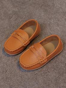 1 Pair Children's Flat Shoes, Classic Children's Loafers, Comfortable Soft Leather Casual School & Running Shoes - Brown - View 4