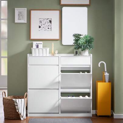 SoBuy Shoe Cabinet With 4 Flaps, Shoe Storage, Narrow Shoe Cabinet, Shoe Rack With 4 Shelves, Shoe Chest, White, Approx. 98x95x19cm (WxHxD), FSR169-W