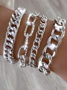 4pcs Silver Geometric Asymmetrical Chain Bracelet Set, Exaggerated Thick Metal Minimalist Layered Bracelets, Suitable For Street Hip-Hop And Daily Wear - Silver - View 5