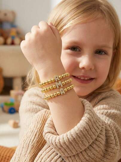 1pc Fashionable Exquisite Gold-Plated Copper Zirconia Stone 26 Letter Decor ABS Beaded Chain Bracelet, Party Jewelry Accessory