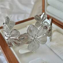 5/1pc Vintage Elegant Bohemian Style Delicate Floral Plain Twisted Geometric Open Bangle Bracelet Set, Suitable For Women's Daily, Party, Holiday, Beach Wear, Accessory, Perfect Gift - Silver - View 2