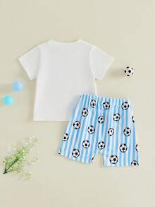 Baby Boy's Summer Outfit Football Soccer Sport Themed Clothes Short Sleeve Letter Print T-Shirt Novelty Cartoon Shorts 2Pcs Playwear Set - 爸爸未來的足球夥伴 - 查看 2