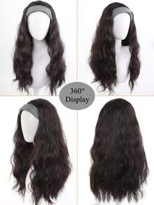 长款波浪/直发发箍半假发，合成纤维夹式接发，蓬松自然棕黑色假发片，配灰色发带，适合女性日常佩戴，1件装 - 彩色 - 查看 6