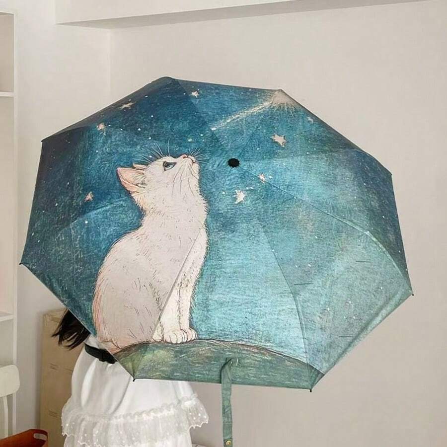 猫咪星空图案加固黑色涂层防晒防紫外线便携折叠伞，适合户外旅行摄影，母亲节礼物，卧室装饰，花园装饰，厨房装饰，夏季，海滩，旅行必备，房间装饰，软萌可爱，毕业季礼物，户外，花园，旅行必备，便携必备 - 手動 - 查看 1