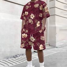 2-Piece Retro Vivid Knitted Fabric Full Rich Men's Dating & Commute Summer Burgundy Base Yellow Floral Pattern Short Sleeve Beach Shorts Set - Multicolor - View 4