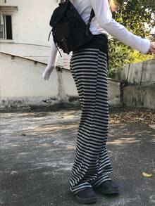 Japanese Style Colorblock Striped Patchwork Lace-Up Soft Comfortable Casual Pants Spring - Grey - View 2