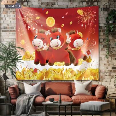 1pc Red Crying Horse Themed Tapestry, Featuring Cute Horse, Coins & Other Elements, Wall Decor For Living Room And Bedroom, Unique Home Decor, Includes Free Accessories