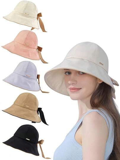 1pc Women's Wide Brim Hat, Foldable Sun Hat, Bowknot Bucket Hat With Adjustable Strap And Ponytail Hole, New European And American Style