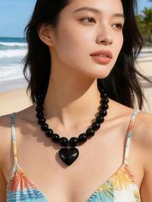 imoli 1pc Minimalist Resin Beaded Big Heart Pendant Necklace For Women, Party Gift (Handmade Chain Customized To Size; Random Bead Count) Valentines,Mom,Mother,Mother's Day,Gift - Multicolor - View 16