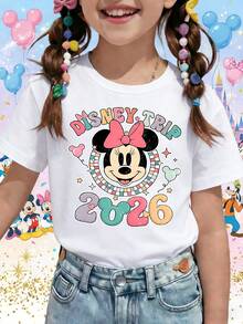 Disney Trip 2026 Cute Minnie Mouse Pastel Vacation Matching Printed Pattern T-Shirts For Girls - Children's Clothing Design Short-Sleeved Casual And Cute Style Comfortable And Casual Wear All Year Round Suitable For Parties And Play Machine Washable Gift Children's Clothing Girls' Short-Sleeved Shirts - 白色 - 查看 1