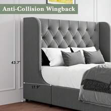 Full Bed Frame With Velvet Button-Tufted Headboard , Upholstered Bed Frames, Soft Fabric, Button Tufted Headboard With Windback, Curved Wingback Design,  Queen Bed Frame/ King Bed Frame/ Full Size Bed Frame, Pink/ White/ Grey - 灰色 - 查看 2