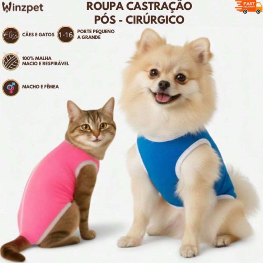 Roupa Pet Pós-Cirúrgica Castração Fêmea e Macho Lisa Protetora Para Cachorros e Gatos