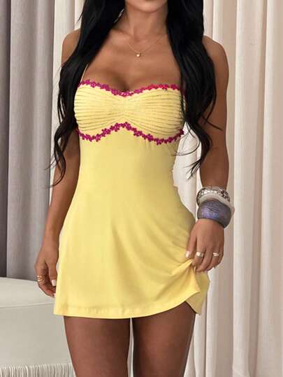 Onicee Summer Dress, Yellow Romantic Spaghetti Strap Floral Lace Elegant Dress For Women, Suitable For Valentine's Day, Dates, Gatherings, Parties, Travel, Vacation, Beach