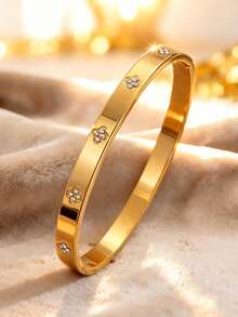 18K Gold Plated Stackable Bangle Set | Fully Paved Roman Numeral Four-Leaf Flower Shell Bracelet | Non-Fading Layered Bangle For Women, Daily & Party Wear, Valentine's Day & Everyday Gift - Gold 1 - View 6