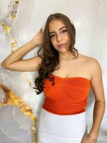 Women's Strapless Cropped Corset Top, Modal Knit, Summer Style With Elastic, Colorful Carnival Style - Orange - View 3