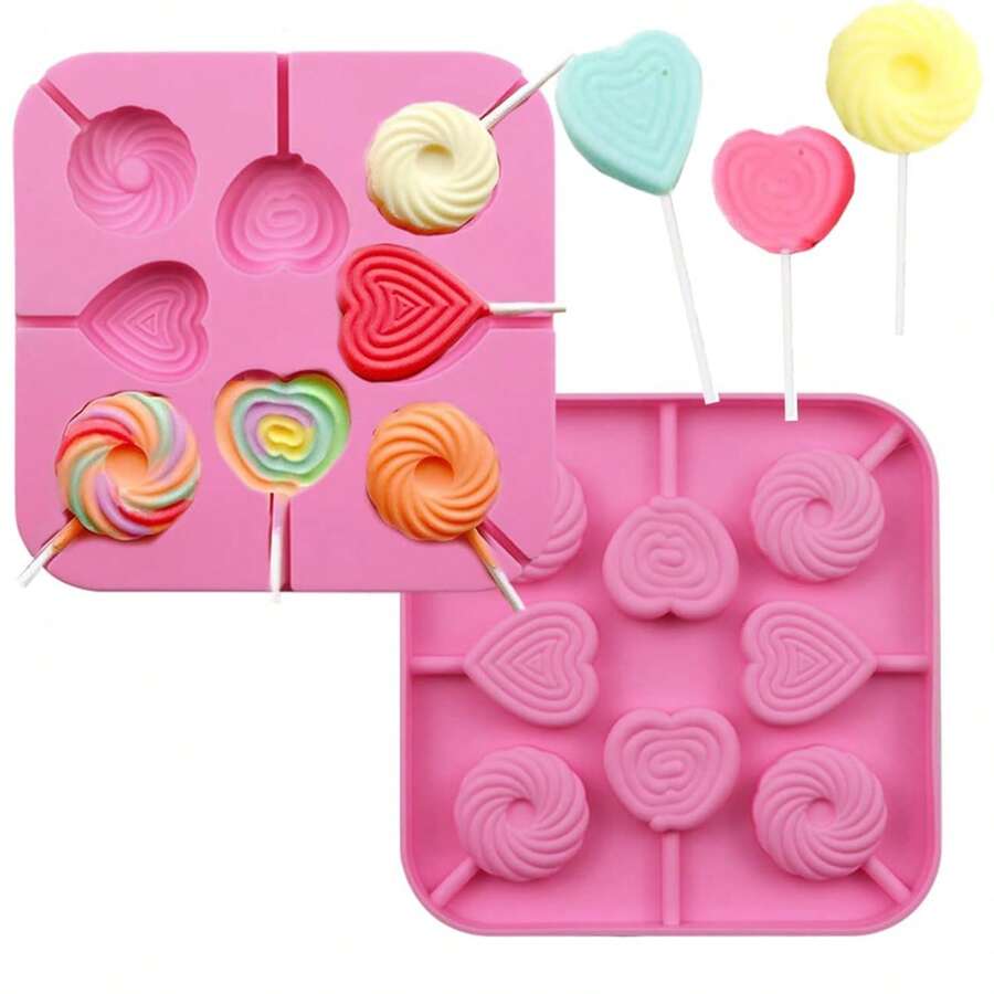 1/2pcs 8-Cavity Heart & Round Lollipop Mold, Suitable For DIY Baking, Candy, Chocolate, Soap, Wax, Resin - Non-Stick Silicone Mold - Pink - View 1