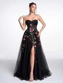 Elisanya Anymoon Elegant Black Floral Sequins Bead Embellished Structured Satin Strapless Lace-Up Back Slit Ball Gown For Wedding Receptions, Red Carpet Events, Company Parties, Prom, Ramadan Celebrations Party - Black - View 4