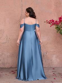 Vestido de dama de honor elegante de talla grande Mgiacy, con cuello, tirantes de espagueti, dobladillo con volantes, decoración de perlas, satén, gasa, adecuado para baile, boda, fiesta, invitado de boda, gala nocturna, vestido de fiesta elegante para mujer, vestido maxi elegante para mujer, vestido de verano primavera - Neblina azul - Ver 2