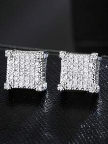 Copper-Tone Cubic Zirconia Square Shiny Stud Earrings, Hiphop Style For Men Party Wear - Silver - View 8