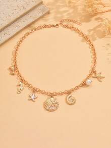 1pc Summer Ocean Style Dolphin, Seahorse, Starfish, Shell, Faux Pearl Pendant Necklace, Fashion Beach Vacation Gold Tone Jewelry For Women, Suitable For Daily Wear And Beach Travel - Golden - View 2
