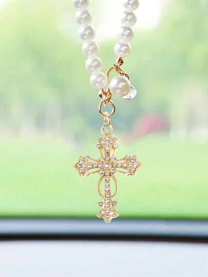 1 Car Interior Pendant - Faux Pearl Chain And Cross; Faux Pearl And Rhinestone Elements; Elegant Style, Cross Amulet, Car Rearview Mirror Decoration, Cross Keychain, Faux Pearl Pendant Accessories, Faith Jewelry Pendant Decoration, Unique Christian Jewelry. Suitable For Car, Wallet Decorations, Amulet Pendants, Backpacks
