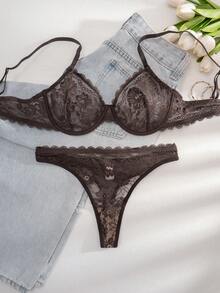 1 Conjunto de Sujetador con Aros y Volantes de Encaje de unicolor Cómodo para Mujer - Marrón Chocolate - Ver 4