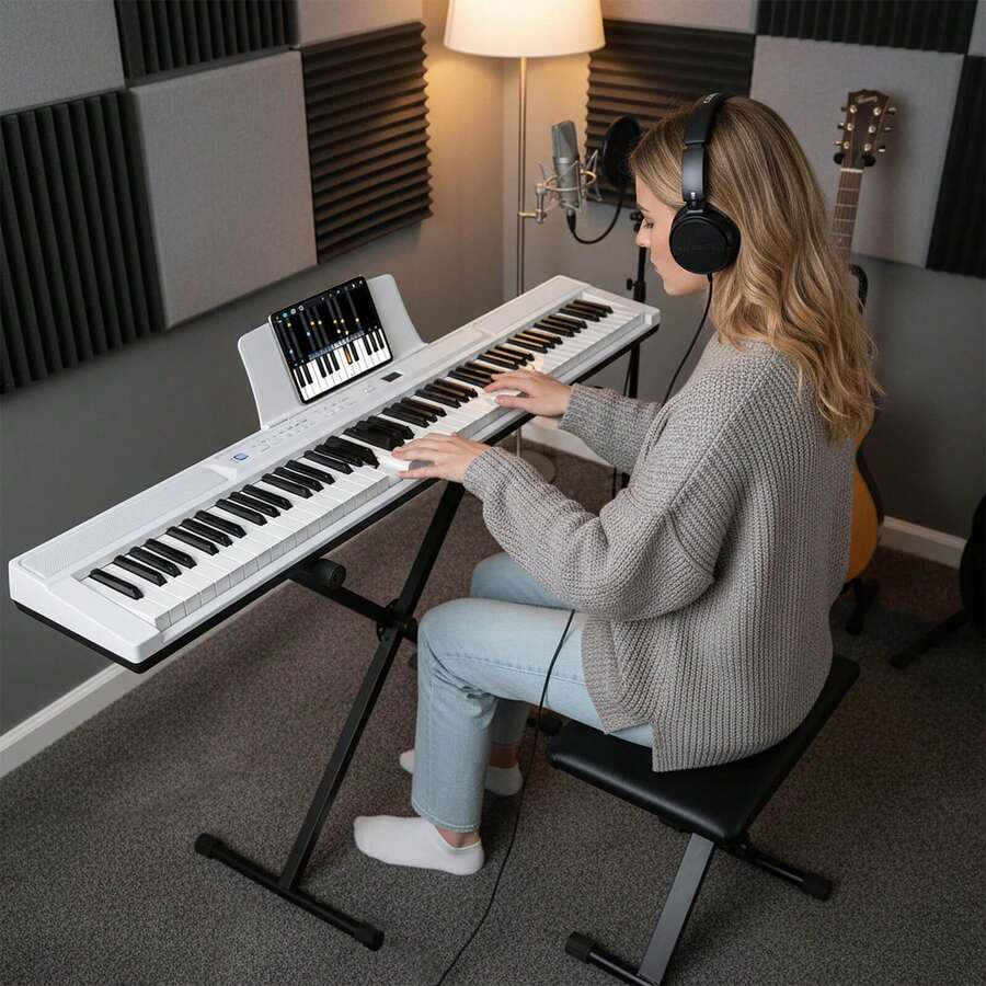 Lifezeal 88-Key Electric Piano Keyboard With Adjustable Stand Stool, Light-Up Keys & Buttons White/Black - 美規A型插(110-127V) - 查看 1
