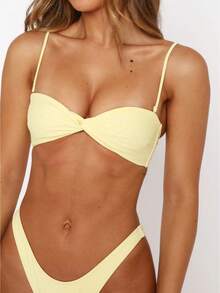 Awevudst Women's Rullfe Bikini 2 Pcs Sets Strapless Swimsuit Textured Ruched Two Piece Bathing Suit Summer Hawaii Beachwear - 黃色 - 查看 3