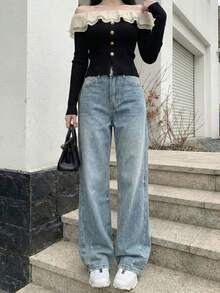 YEAE | Women's Casual Straight Leg Jeans, Button & Zipper Detail, Non-Stretch Fabric - Medium Wash - View 1