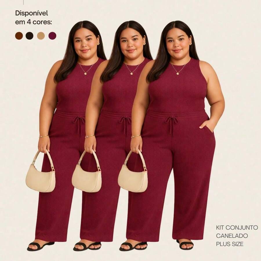 Set Of 3 Wide Leg Pants With Pockets + Women's Plus Size Tank Top - 酒紅色 - 查看 1