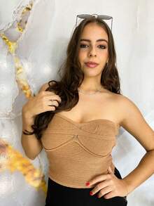 Women's Strapless Cropped Corset Top, Modal Knit, Summer Style With Elastic, Colorful Carnival Style - Camel - View 3