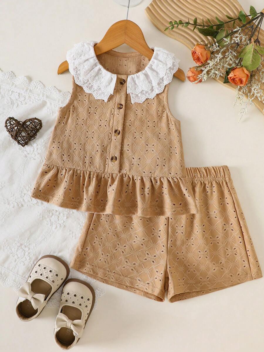 Young Girls' Lace Collar Sleeveless Top & Shorts 2 Pieces Set, Fresh & Sweet, Spring/Summer - Khaki - View 1