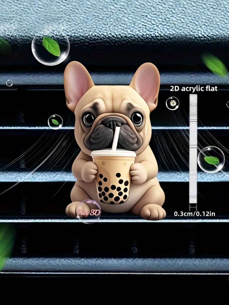 1 buah Klip Ventilasi Mobil Akrilik 2D Lucu Bergambar Anjing Bulldog Prancis Minum Bubble Tea, Aksesori Ventilasi Mobil Dekoratif dan Fungsional - A - View 1