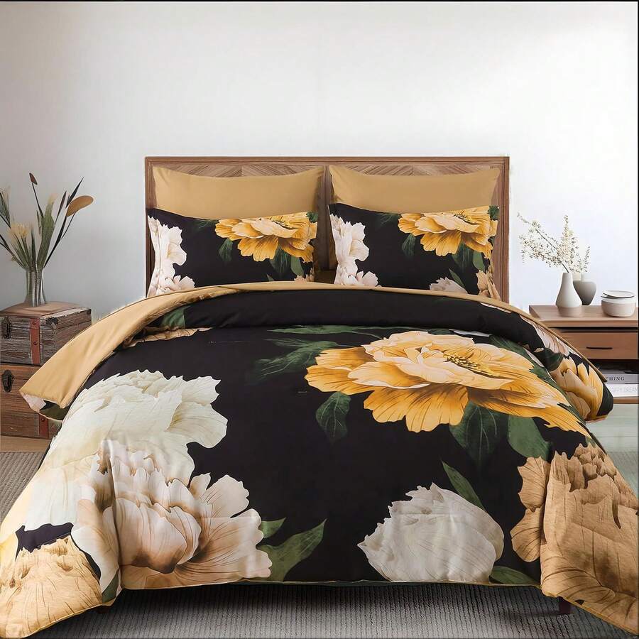 7 Piece Black Floral Comforter Set Full/Queen/King Size Bed In A Bag,Flowers Printed On Light Comforter Set With Sheets, Soft Microfiber Botanical Bedding Set For Wedding Items,Home Bed Room Decor,All Season Bedroom Decor - 黑色-1244 - 查看 1