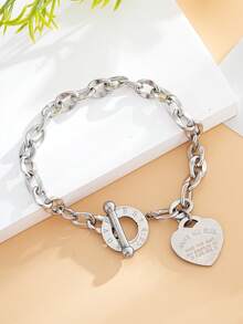 1 件女士不锈钢经典心形雕刻搭扣钛钢链式手链情人节、妈妈、母亲、母亲节、礼物 - 銀色 - 查看 3