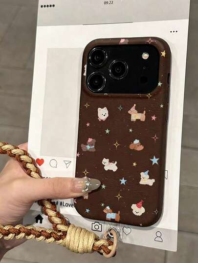 Dog 1pc Brown Puppy Pattern TPU Leather Texture Phone Case With Brown Fashionable Lanyard, Suitable For IPhone 17 Pro Max/16 Pro Max/13/15/16/15 Pro Max/17 Pro/14/11, Fashionable Leather Texture Lanyard Phone Protective Case