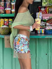 2026 Spring/Summer New Green Knitted Shawl, Loose Cover Up Style, Suitable For Daily Wear, Showcasing A Fresh And Casual Vibe. Women's Spring/Summer Clothing, Date, Casual, Daily Light Outfit, Minimalist Styling, Vacation, Beach Knit Cover Up Top - Green - View 8