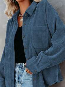 大码女式灯芯绒长袖休闲衬衫 春季款 - 藍色 - 查看 4