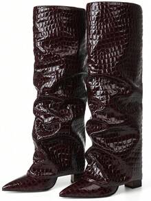 2025 New Knee High Boots For Women With Pointed Thick Heels And Solid Color Patterns Comfortable Fashionable Autumn  Winter Nightclub Party Motorcycle Combat Boots - Họa tiết đá đỏ - Xem 7