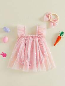 Conjunto de 2 piezas de ropa de Pascua para niñas pequeñas, con estampado de zanahoria y estrellas, manga voladora, vestido de malla y diadema con lazo - Rosa - Ver 7